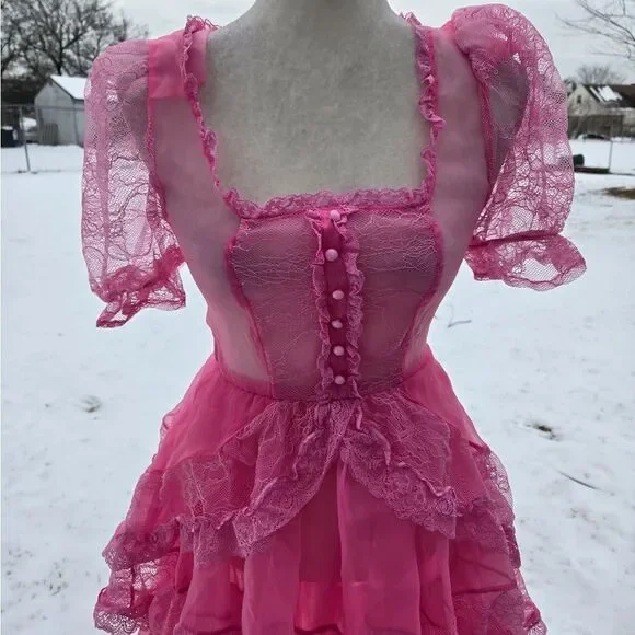 NEW‎ Dolls Kill pink sheer lace kawaii Pretty Imperfect tiered maxi dress gown S - Picture 3 of 10